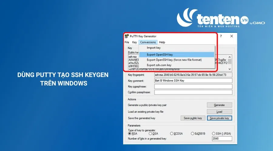 Dùng Conversions trong PuTTYgen để Export SSH key sang định dạng OpenSSH