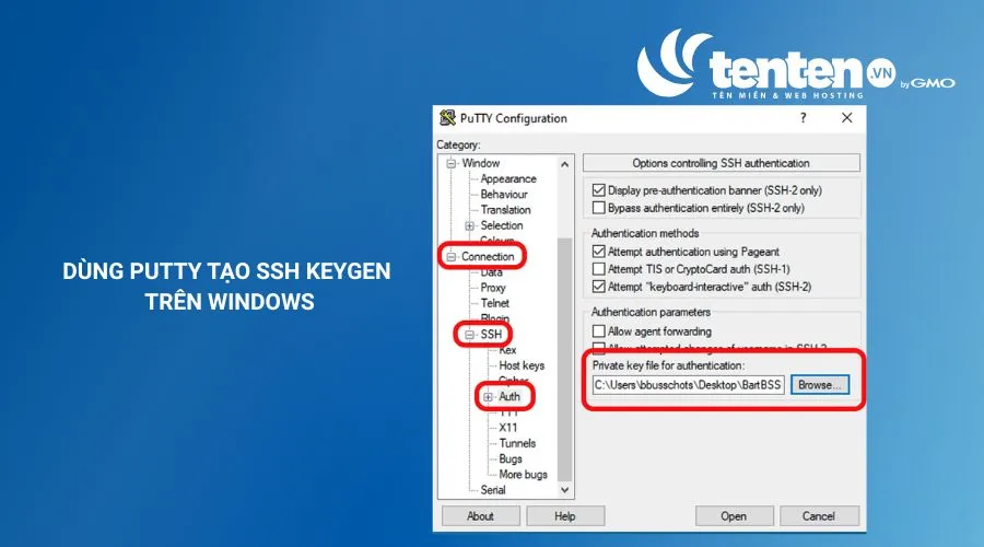Nhấn Browse tại Private key file for authentication