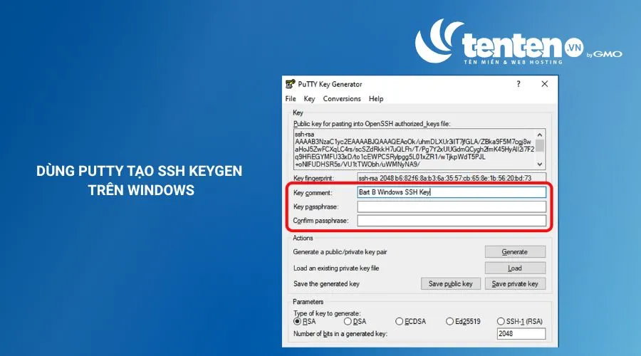 Nhập mật khẩu mạnh tại ô Key passphrase và Confirm passphrase