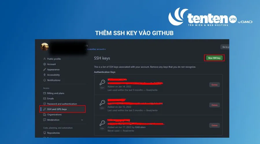 Vào SSH and GPG keys, sau đó nhấn New SSH Key