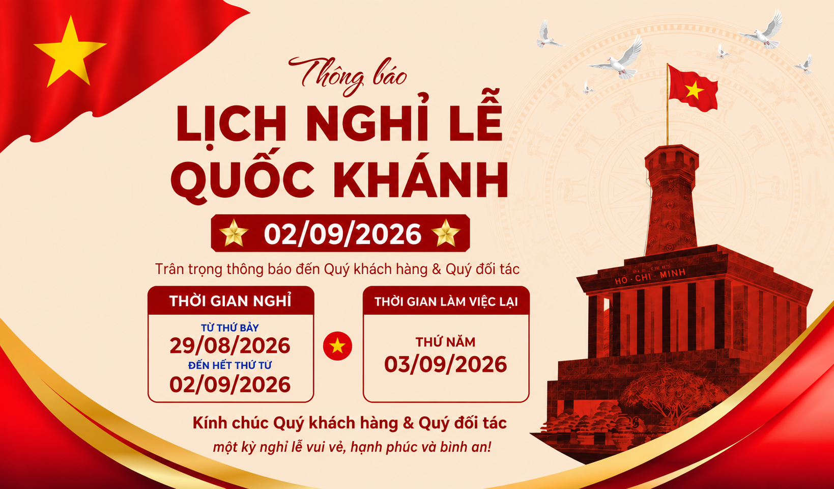 Thông báo lịch nghỉ lễ Quốc khánh 02/9/2026