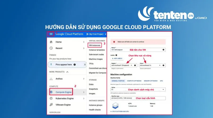 Lần lượt chọn “Compute Engine” và “VM instances”